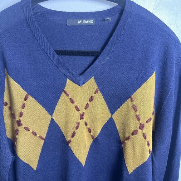 Murano Acrylic V-Neck Lightweight Pullover Sweater Navy Argyle Size Large L - Picture 2 of 13
